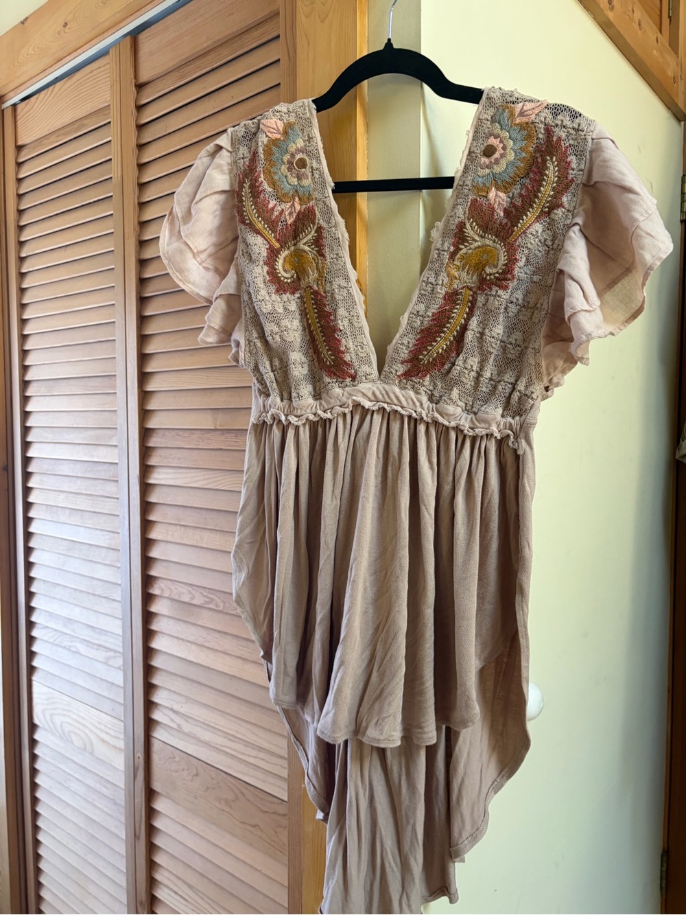 Free People Beige Embroidered Crochet Detail Top